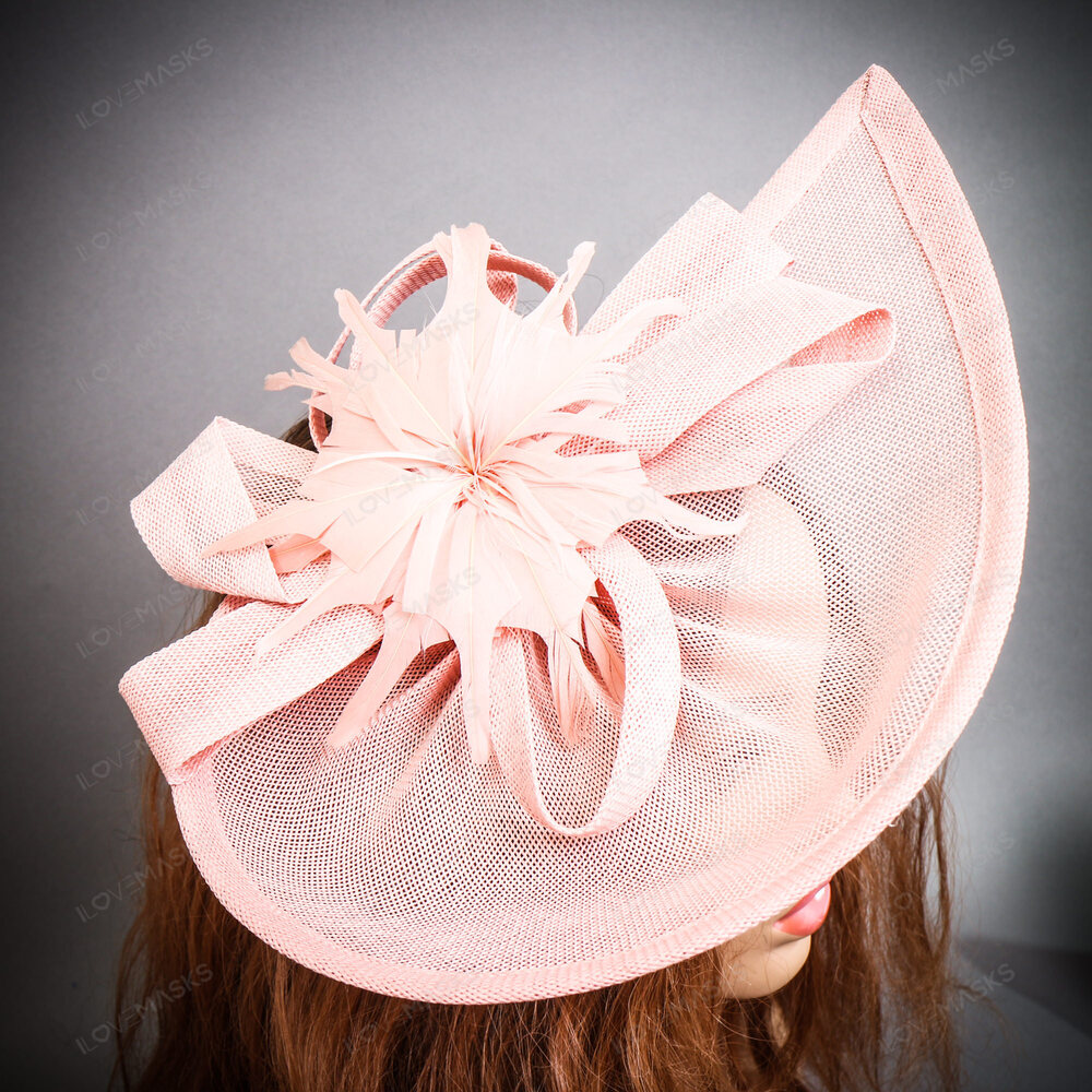 Derby Tea Party Wide Brim Mesh Fascinator Hat with Feather - Blush Pink - Picture 4 of 5